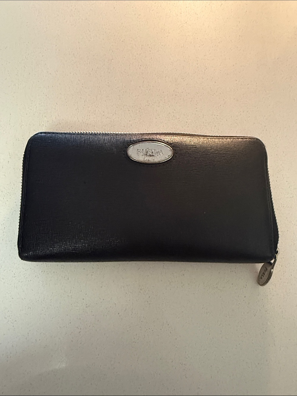 Furla Black Leather Zip Wallet with Silver Logo